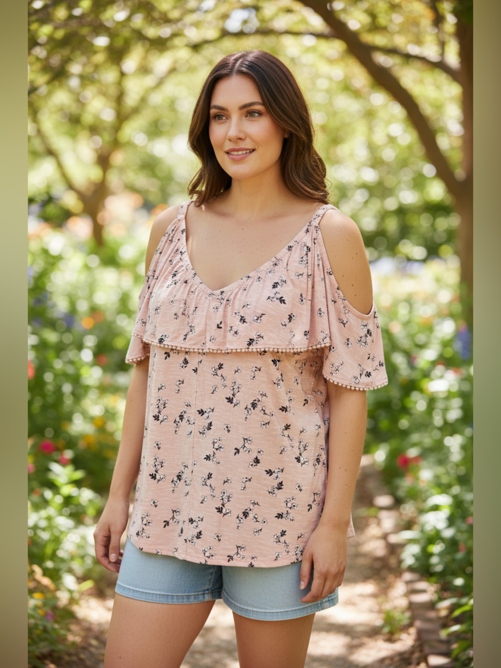 Lane Bryant Blush Pink Cold-Shoulder Floral Ruffle Top
